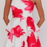 Giavana Strapless Layered Midi Dress Floral Red
