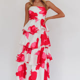 Giavana Strapless Layered Midi Dress Floral Red