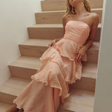 Giavana Strapless Layered Ruffles Midi Dress Blush