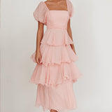 Giavana Puff Sleeve Layered Maxi Dress Baby Pink