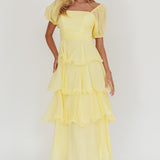 Giavana Puff Sleeve Layered Maxi Dress Lemon