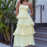 Giavana Strapless Layered Ruffles Midi Dress Lemon