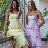 Giavana Strapless Layered Ruffles Midi Dress Lemon