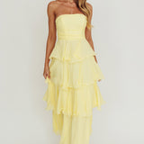 Giavana Strapless Layered Ruffles Midi Dress Lemon