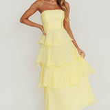Giavana Strapless Layered Ruffles Midi Dress Lemon