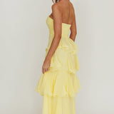 Giavana Strapless Layered Ruffles Midi Dress Lemon