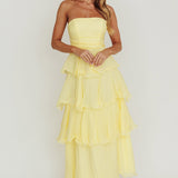 Giavana Strapless Layered Ruffles Midi Dress Lemon