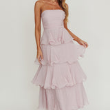 Giavana Strapless Layered Ruffles Midi Dress Lilac