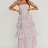 Giavana Strapless Layered Ruffles Midi Dress Lilac