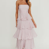 Giavana Strapless Layered Ruffles Midi Dress Lilac