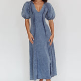 Morgane Puff Sleeve V-Neck Midi Dress Light Denim Blue