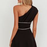 Carissa One-Shoulder Piping Mini Dress Black