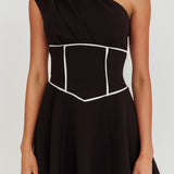 Carissa One-Shoulder Piping Mini Dress Black