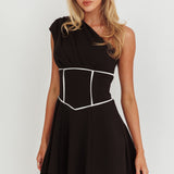 Carissa One-Shoulder Piping Mini Dress Black