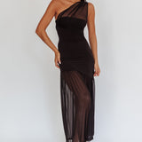 Passion One-Shoulder Mesh Maxi Dress Black