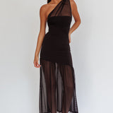 Passion One-Shoulder Mesh Maxi Dress Black