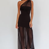 Passion One-Shoulder Mesh Maxi Dress Black