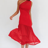 Passion One-Shoulder Mesh Maxi Dress Red