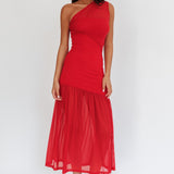 Passion One-Shoulder Mesh Maxi Dress Red