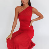 Passion One-Shoulder Mesh Maxi Dress Red