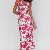 Serenitie Cowl Neck Waist Tie Maxi Dress Floral Pink
