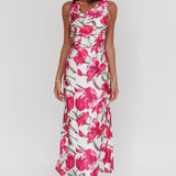 Serenitie Cowl Neck Waist Tie Maxi Dress Floral Pink