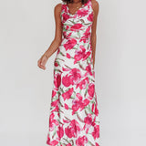 Serenitie Cowl Neck Waist Tie Maxi Dress Floral Pink