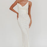 Golden Glow Rosette Cowl Neck Maxi Dress Beige