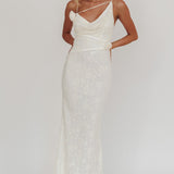Golden Glow Rosette Cowl Neck Maxi Dress Beige
