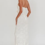 Golden Glow Rosette Cowl Neck Maxi Dress Beige