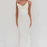 Golden Glow Rosette Cowl Neck Maxi Dress Beige