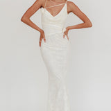 Golden Glow Rosette Cowl Neck Maxi Dress Beige