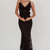 Golden Glow Rosette Cowl Neck Maxi Dress Black