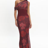 Milos Asymmetric Neckline Maxi Dress Floral Grape