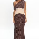 Milos Asymmetric Neckline Maxi Dress Chocolate Dot