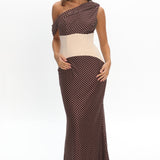 Milos Asymmetric Neckline Maxi Dress Chocolate Dot