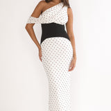 Milos Asymmetric Neckline Maxi Dress Polka Dot Brown