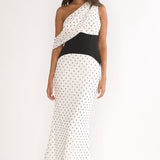 Milos Asymmetric Neckline Maxi Dress Polka Dot Brown