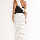 Milos Asymmetric Neckline Maxi Dress Polka Dot Brown