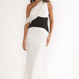 Milos Asymmetric Neckline Maxi Dress Polka Dot Brown