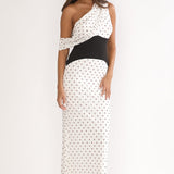Milos Asymmetric Neckline Maxi Dress Polka Dot Brown