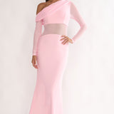 Milos Asymmetric Neckline Long Sleeve Maxi Dress Pink