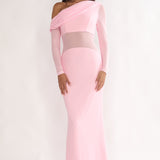 Milos Asymmetric Neckline Long Sleeve Maxi Dress Pink