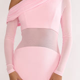 Milos Asymmetric Neckline Long Sleeve Maxi Dress Pink