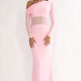 Milos Asymmetric Neckline Long Sleeve Maxi Dress Pink