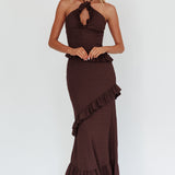 Clemence Smocked Frill Trim Maxi Dress Chocolate