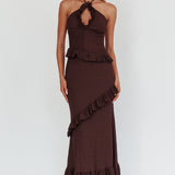 Clemence Smocked Frill Trim Maxi Dress Chocolate