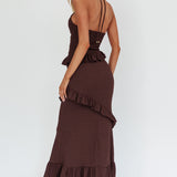 Clemence Smocked Frill Trim Maxi Dress Chocolate