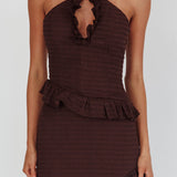 Clemence Smocked Frill Trim Maxi Dress Chocolate