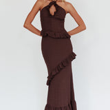 Clemence Smocked Frill Trim Maxi Dress Chocolate
